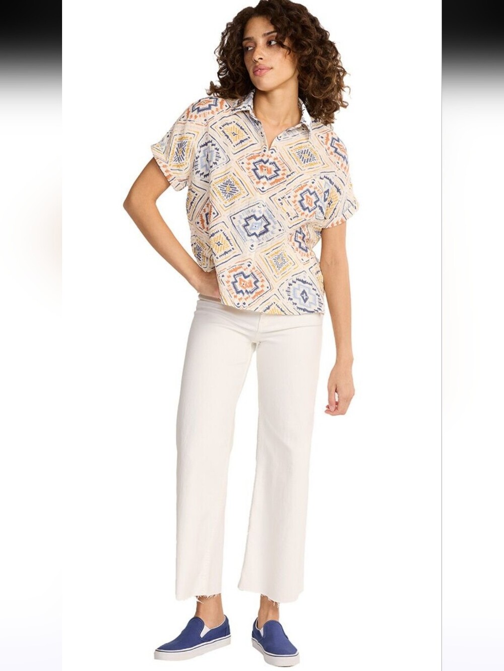 Pendleton Cotton Short-Sleeve Top in Ivory with Blue & Mustard Print